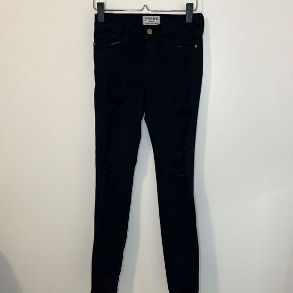 Frame Le Skinny De Jeanne Destroyed Ripped Dark Wash 24 - Picture 1 of 8